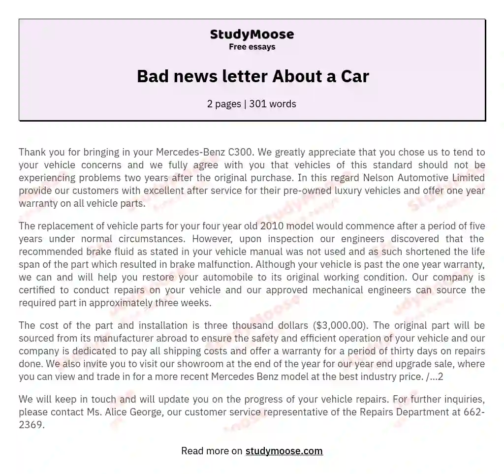 Bad news letter About a Car