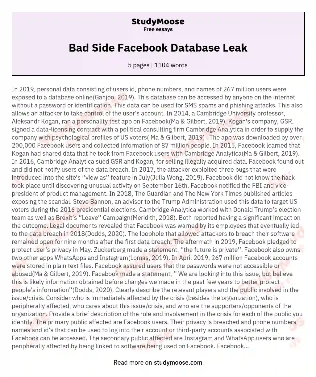Bad Side Facebook Database Leak essay