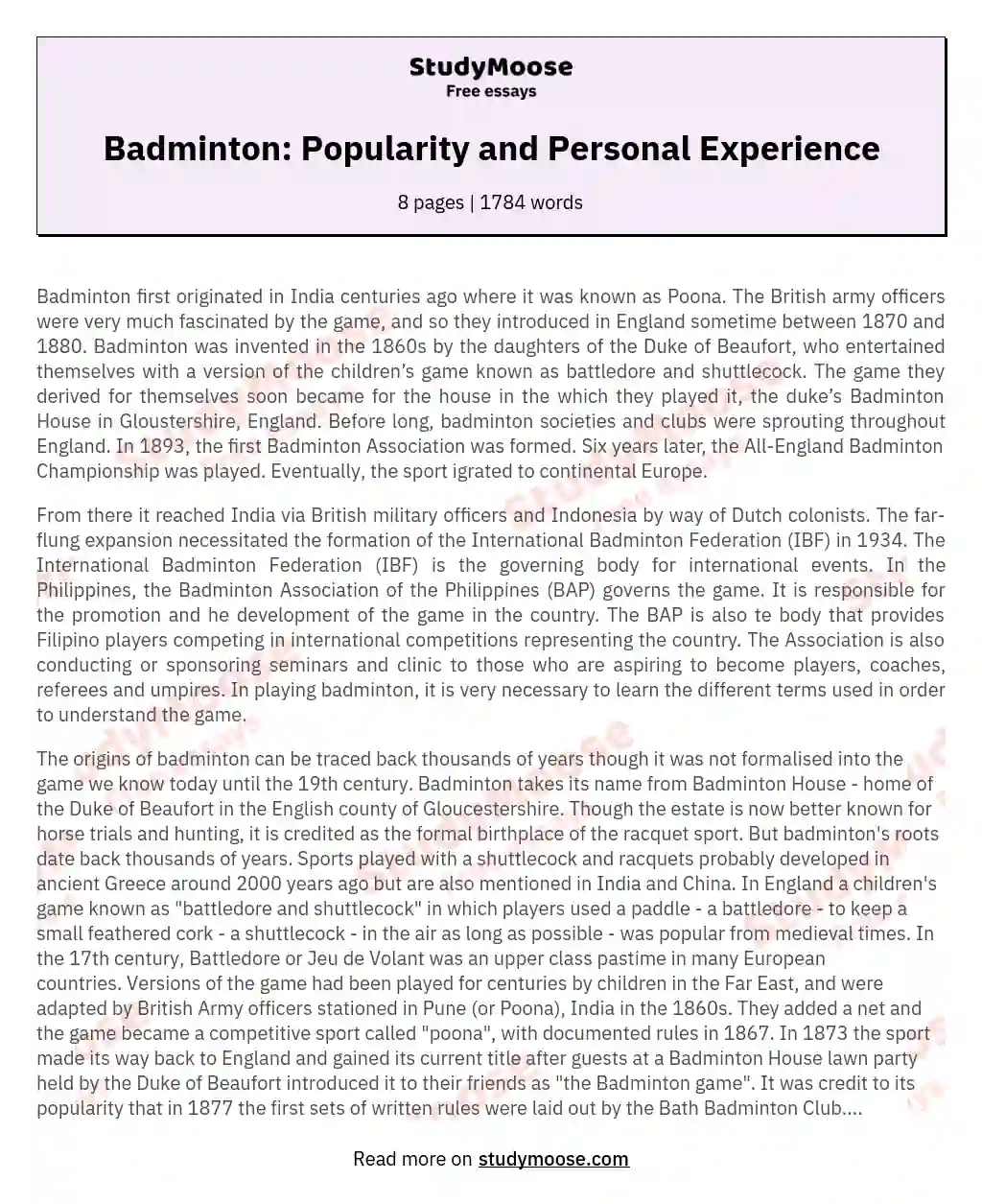Badminton: Popularity and Personal Experience