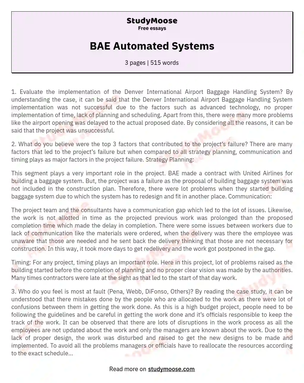 BAE Automated Systems essay
