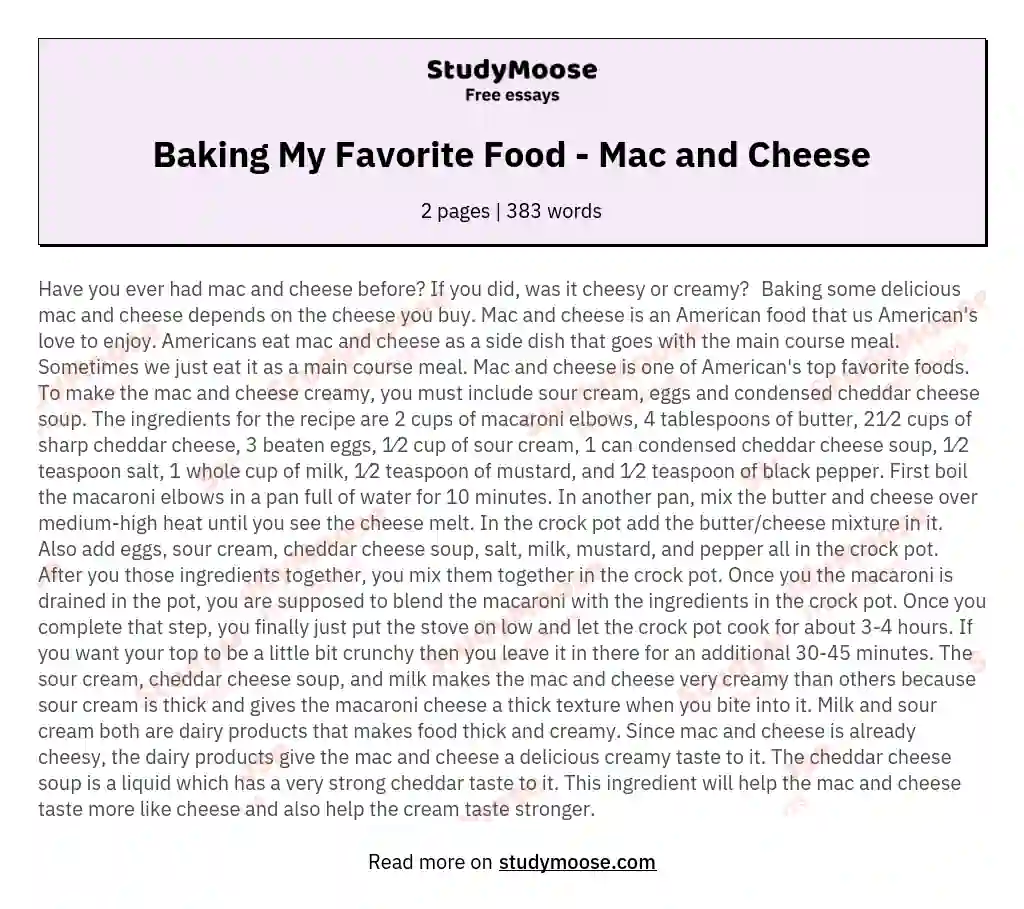 Baking  My Favorite Food - Mac and Cheese essay