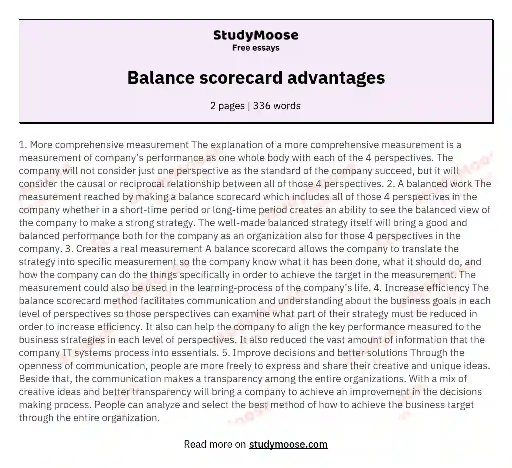 Balance scorecard advantages essay