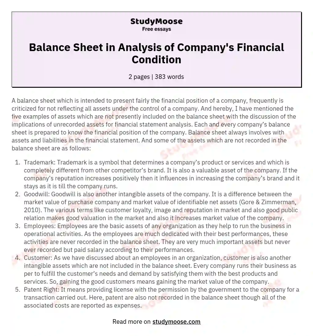 Balance Sheet in Analysis of Company's Financial Condition essay