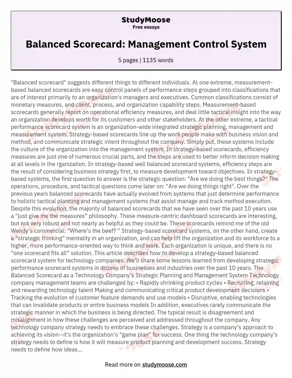 Balanced Scorecard: Management Control System