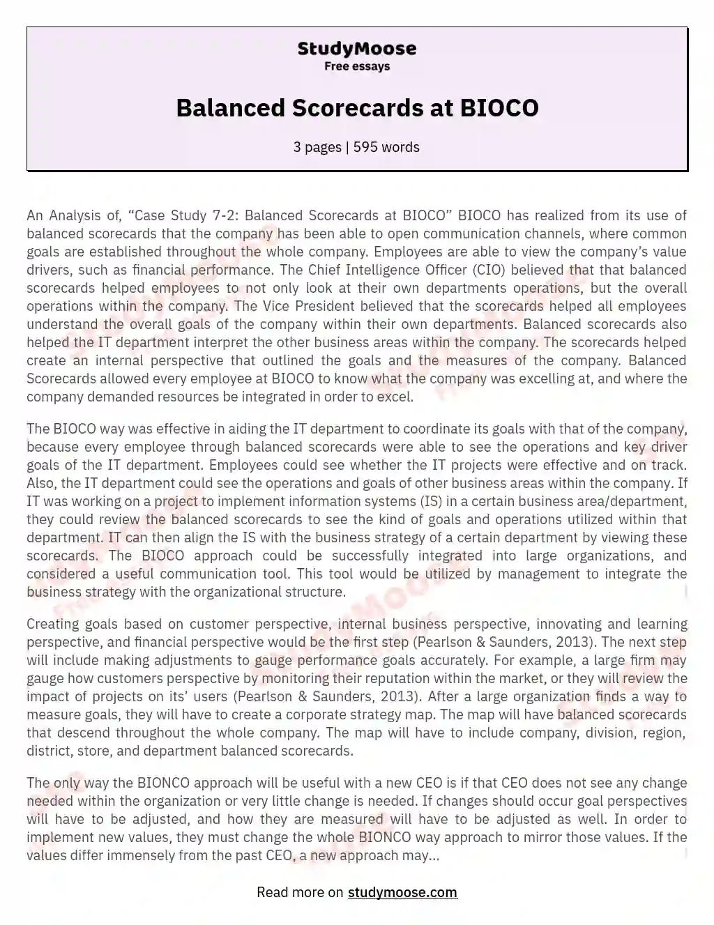 Balanced Scorecards at BIOCO essay