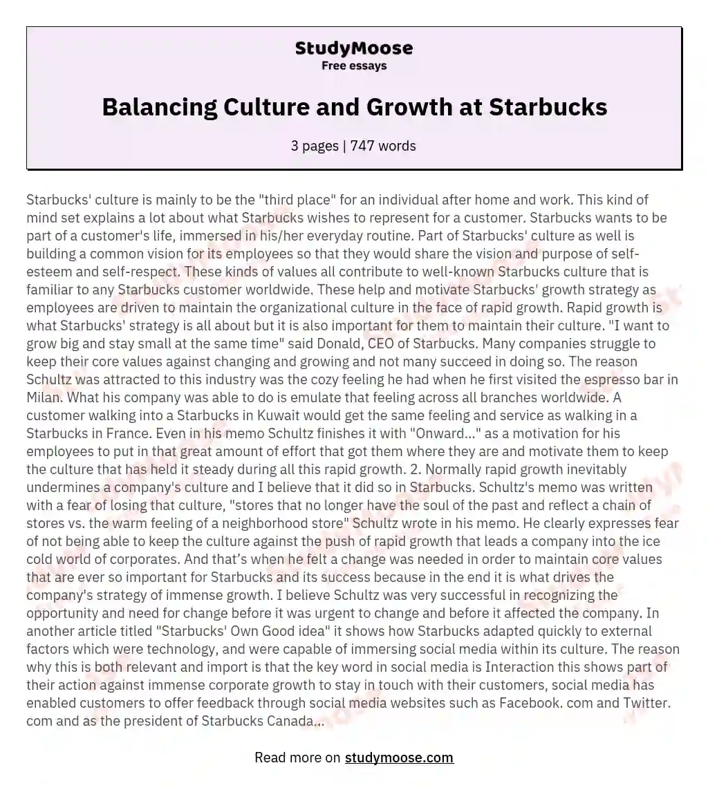 Balancing Culture and Growth at Starbucks essay