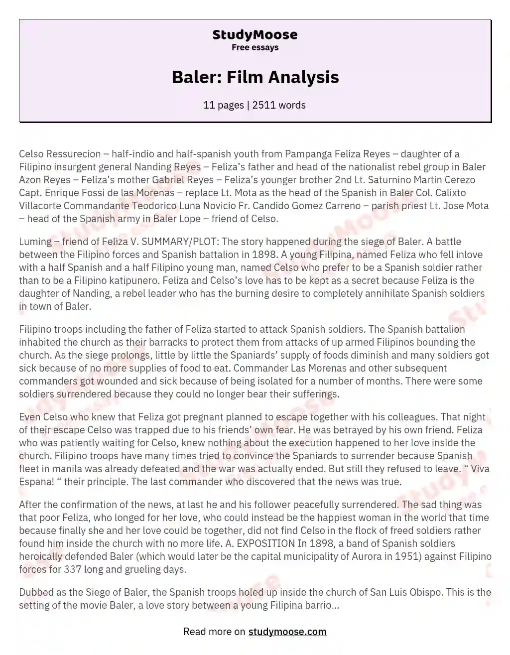 Baler: Film Analysis essay