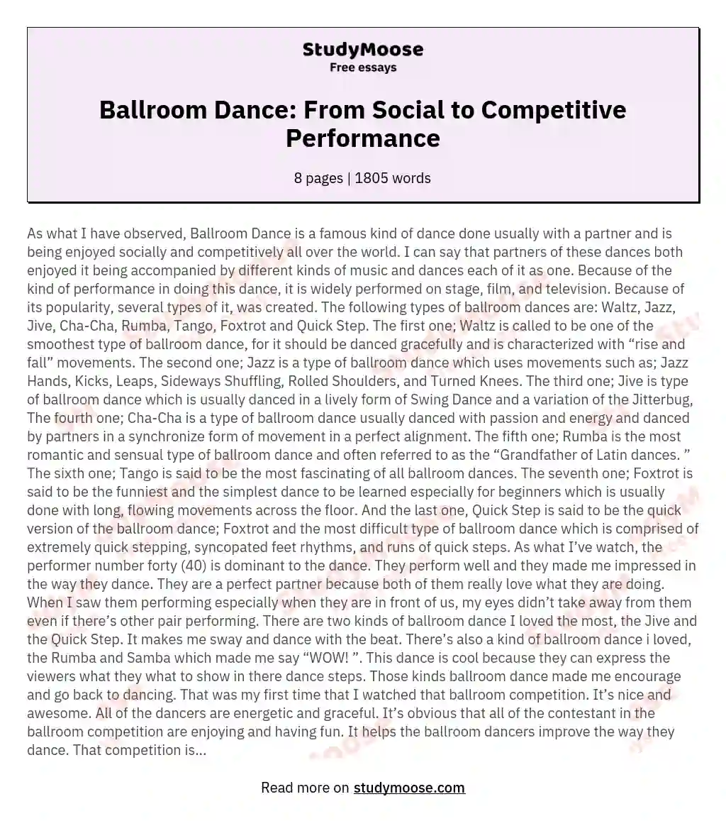 Ballroom Dance: From Social to Competitive Performance essay