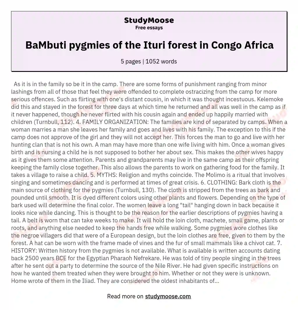 BaMbuti pygmies of the Ituri forest in Congo Africa essay