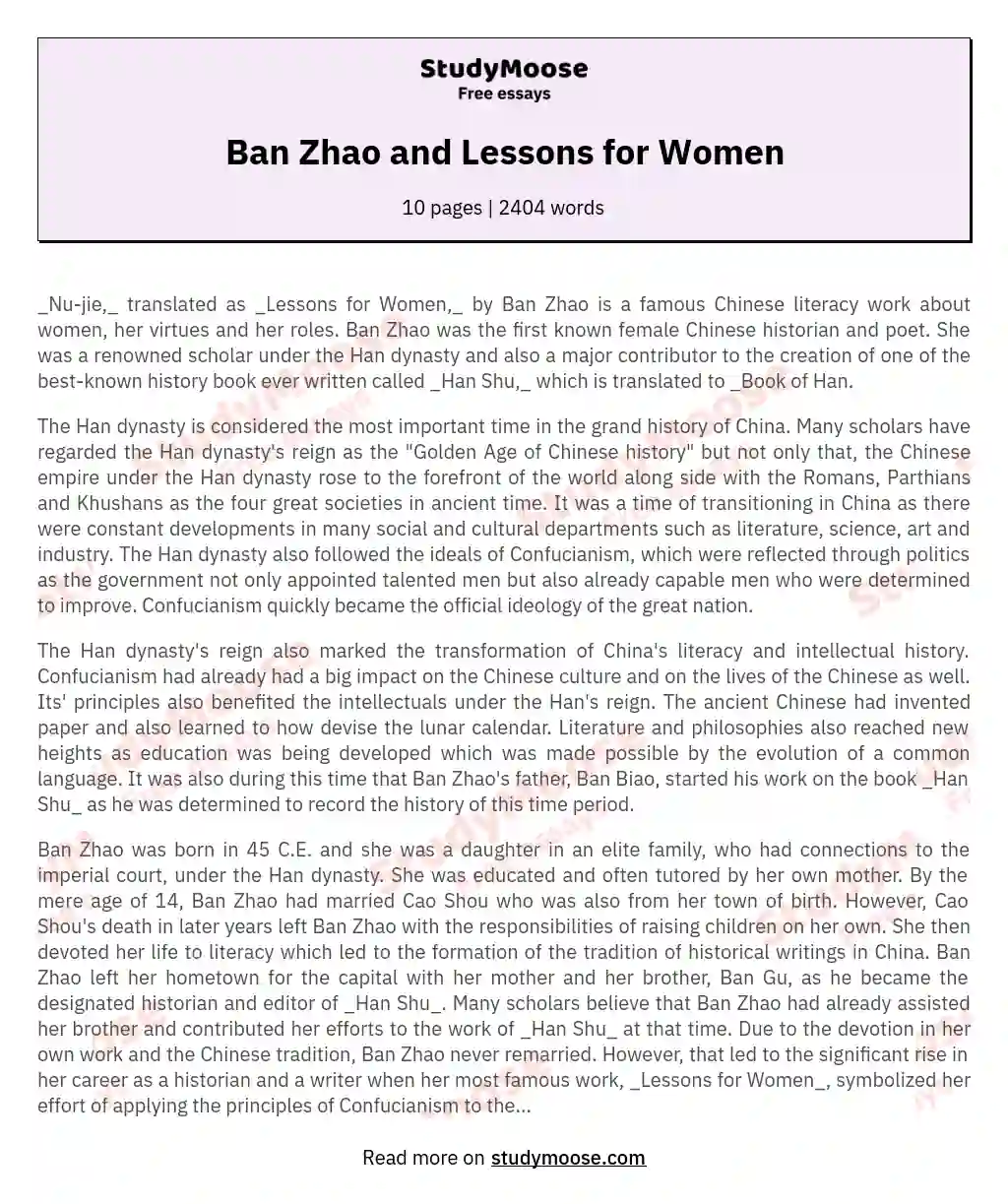 Ban Zhao and Lessons for Women essay