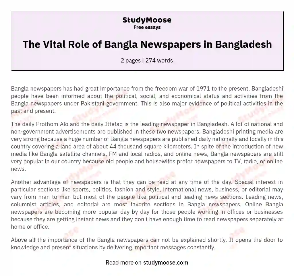 The Vital Role of Bangla Newspapers in Bangladesh essay
