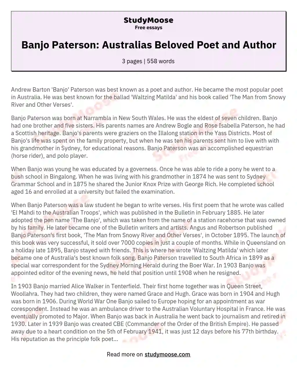Banjo Paterson: Australias Beloved Poet and Author essay