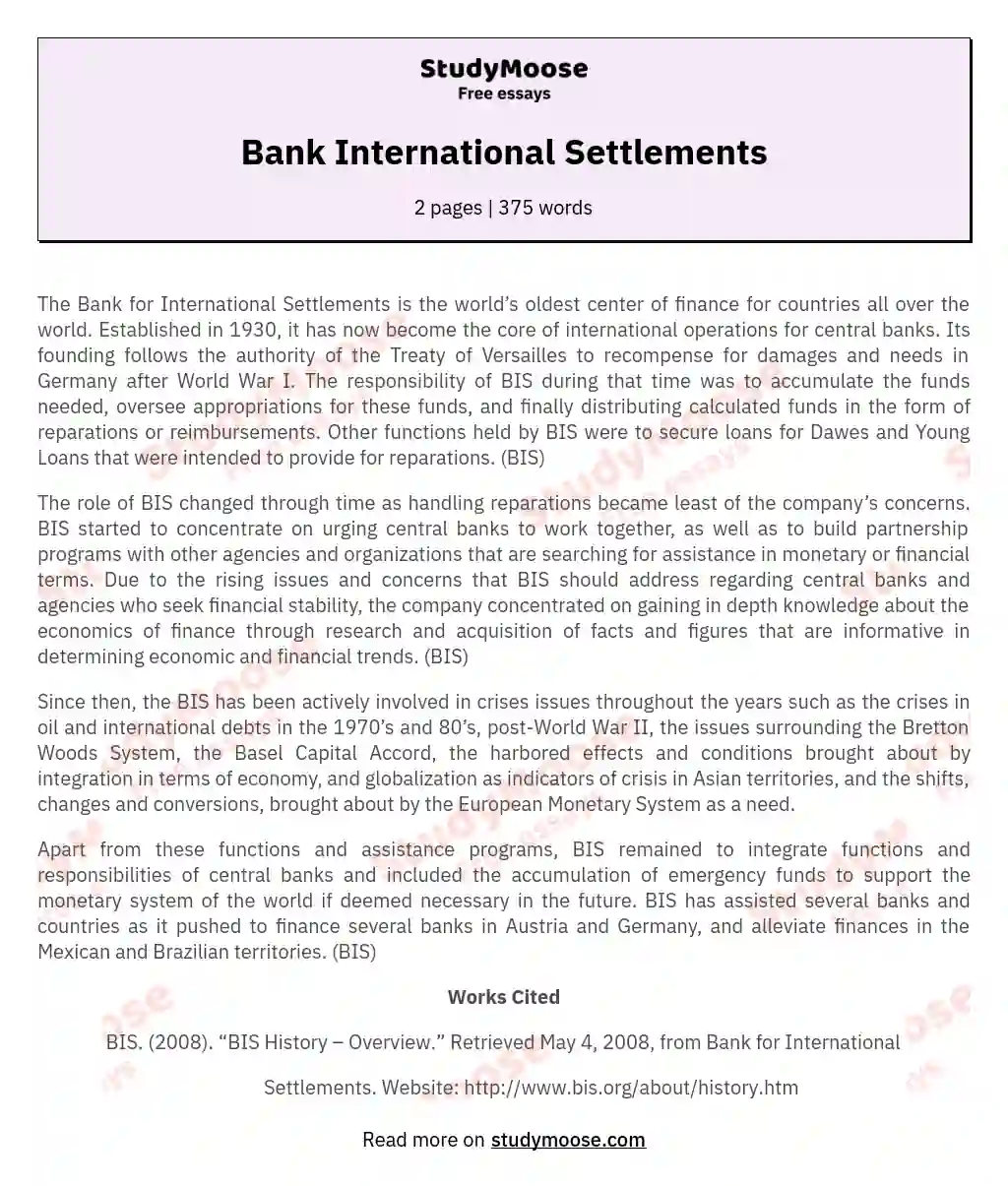 Bank International Settlements