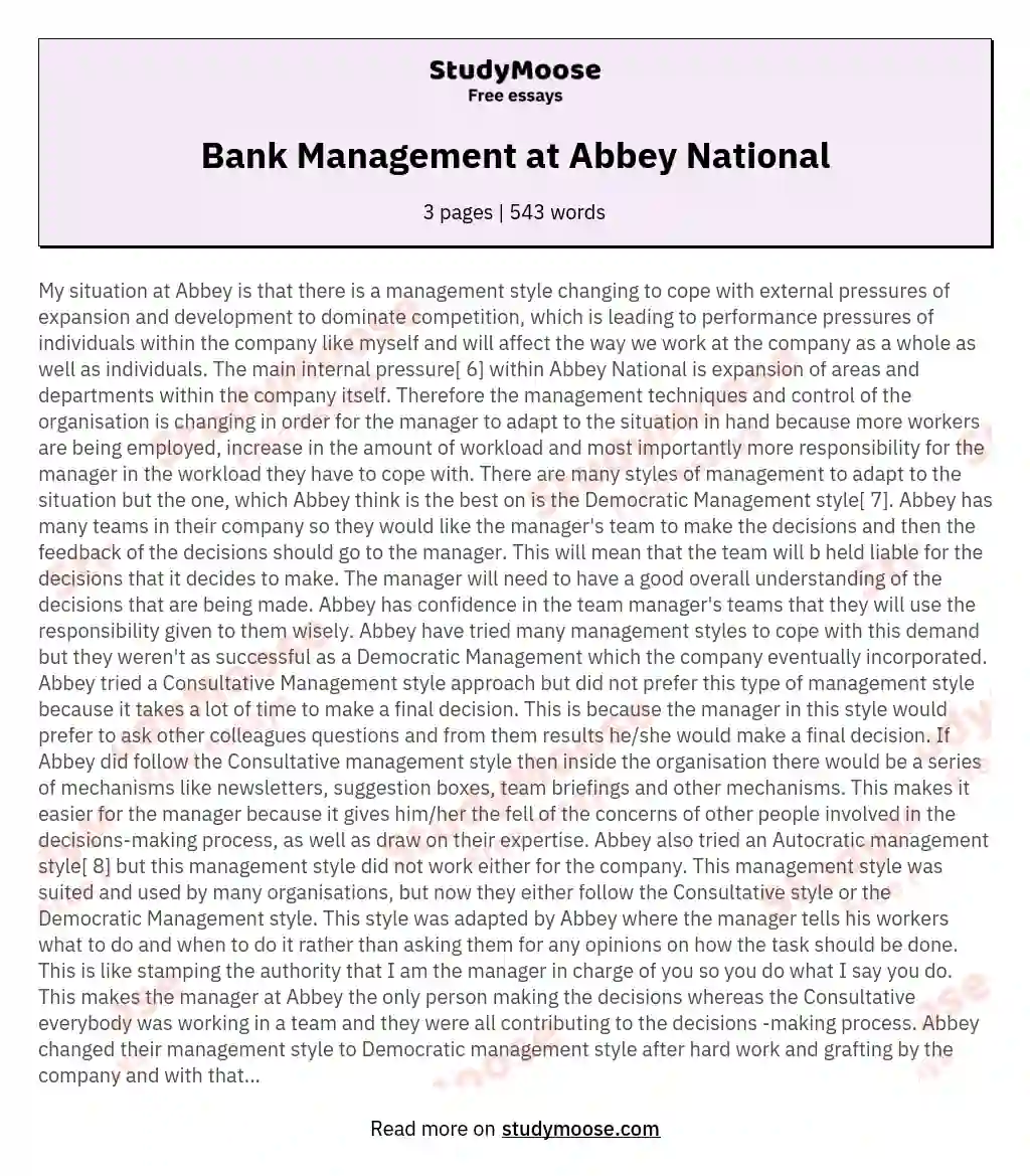 Bank Management at Abbey National essay