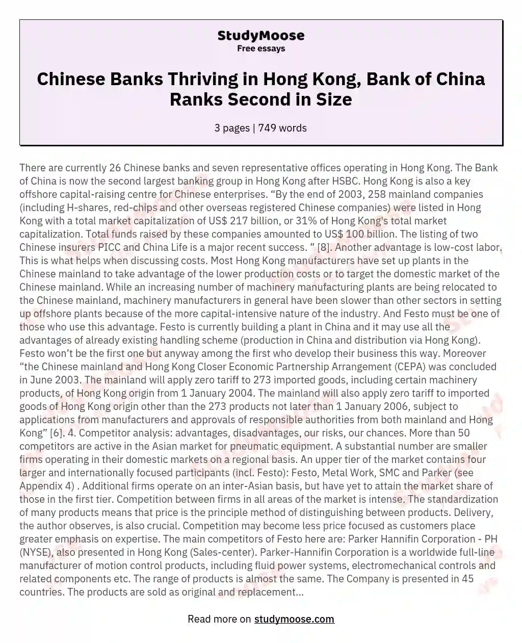 Chinese Banks Thriving in Hong Kong, Bank of China Ranks Second in Size essay