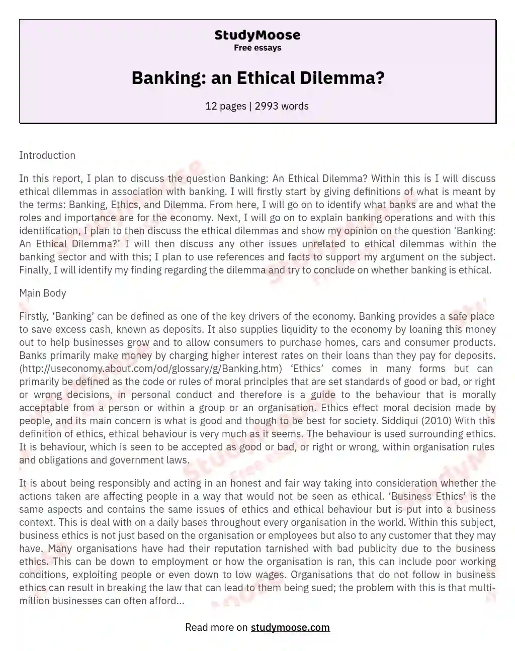Banking: an Ethical Dilemma? essay