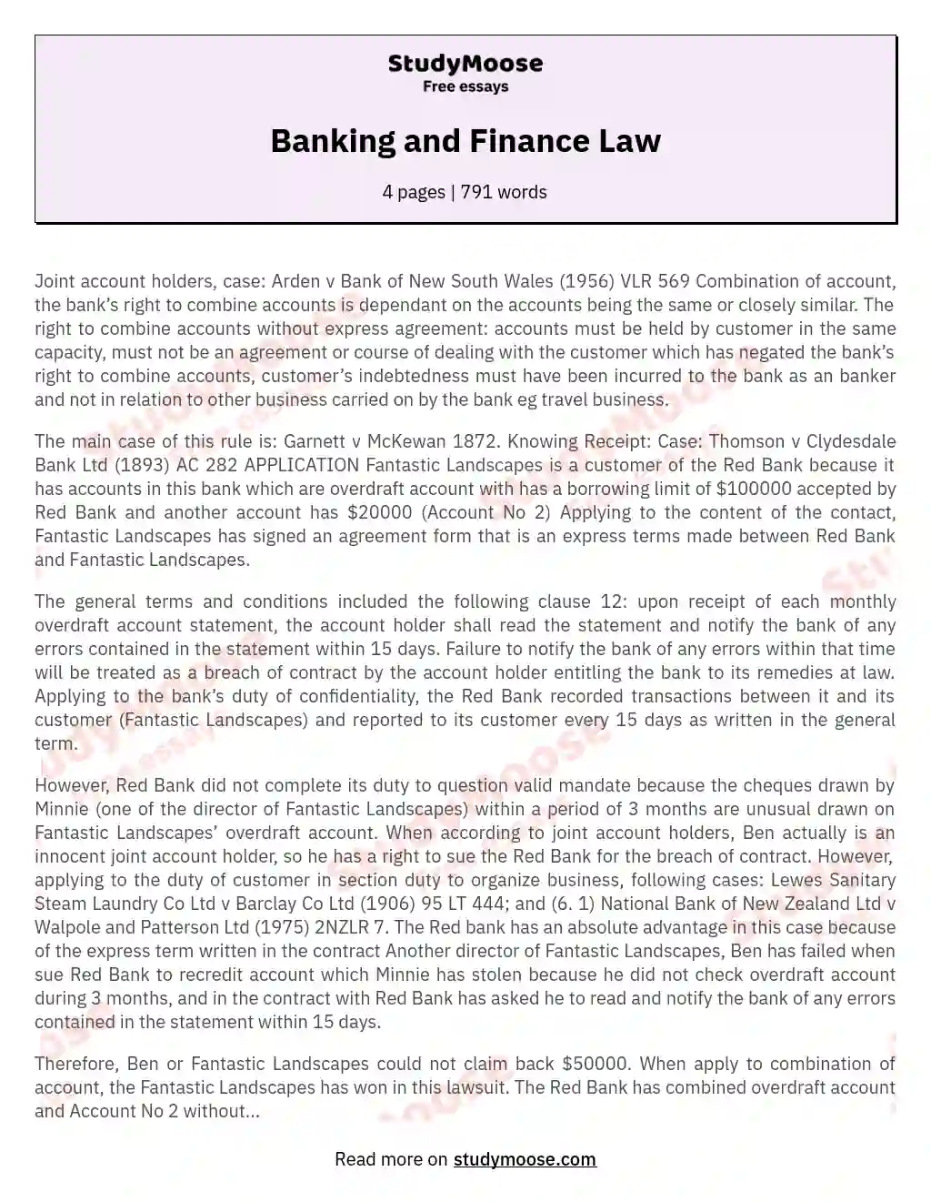 Banking and Finance Law essay