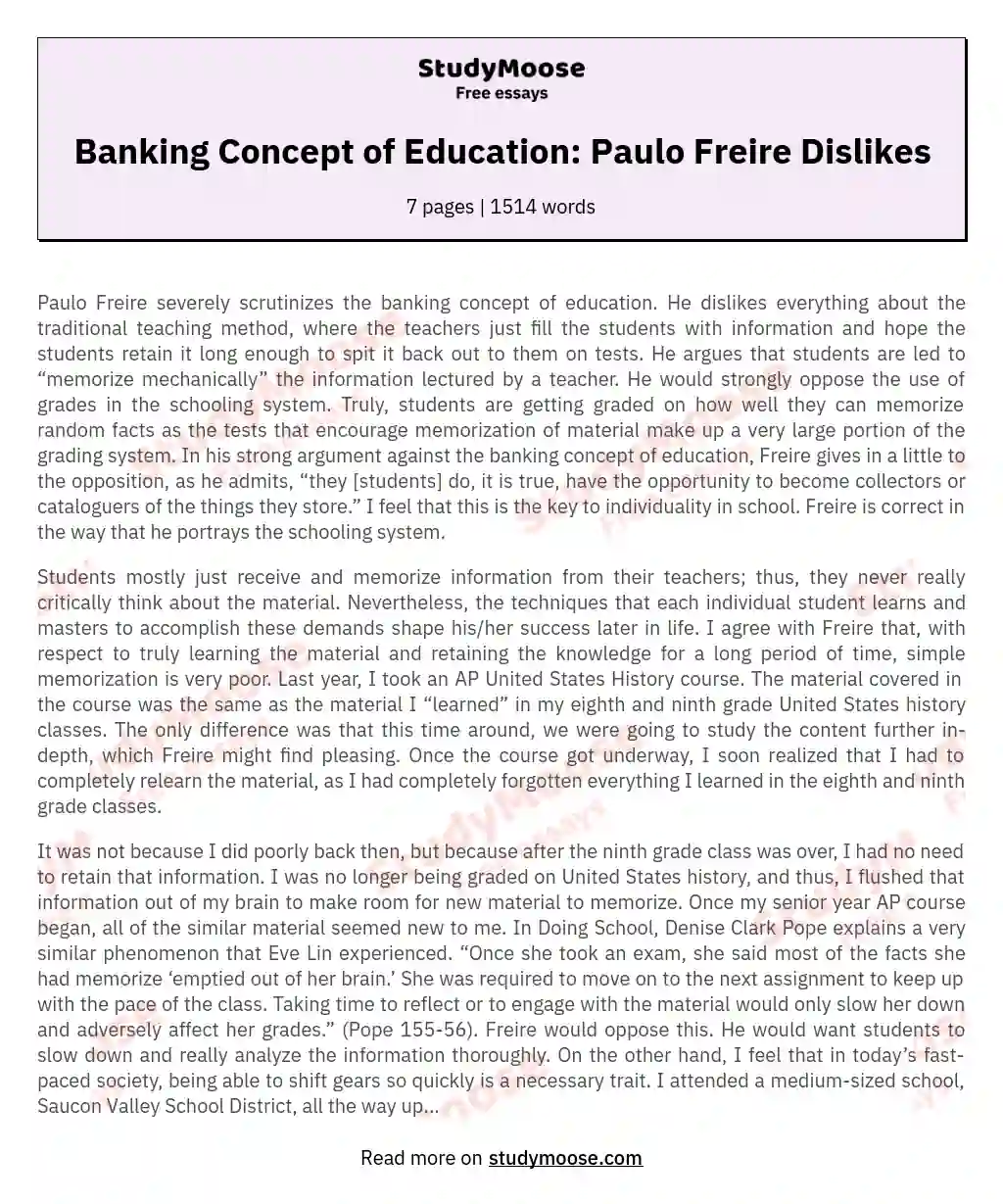 Banking Concept of Education: Paulo Freire Dislikes essay
