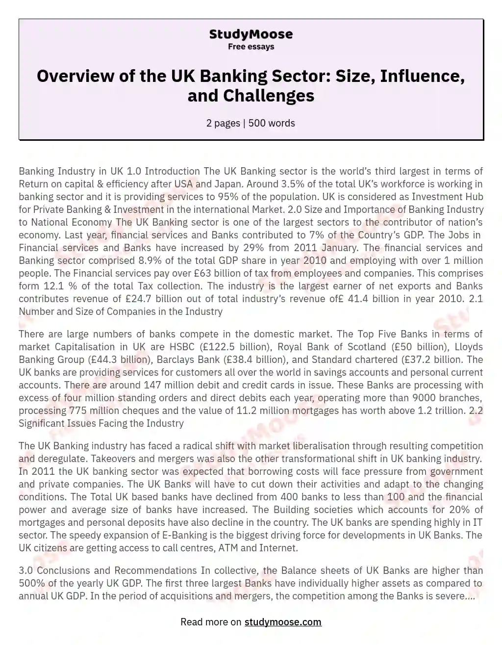 Overview of the UK Banking Sector: Size, Influence, and Challenges essay
