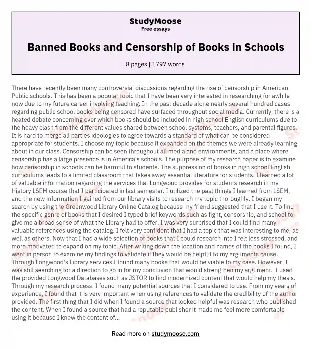 Banned Books and Censorship of Books in Schools essay
