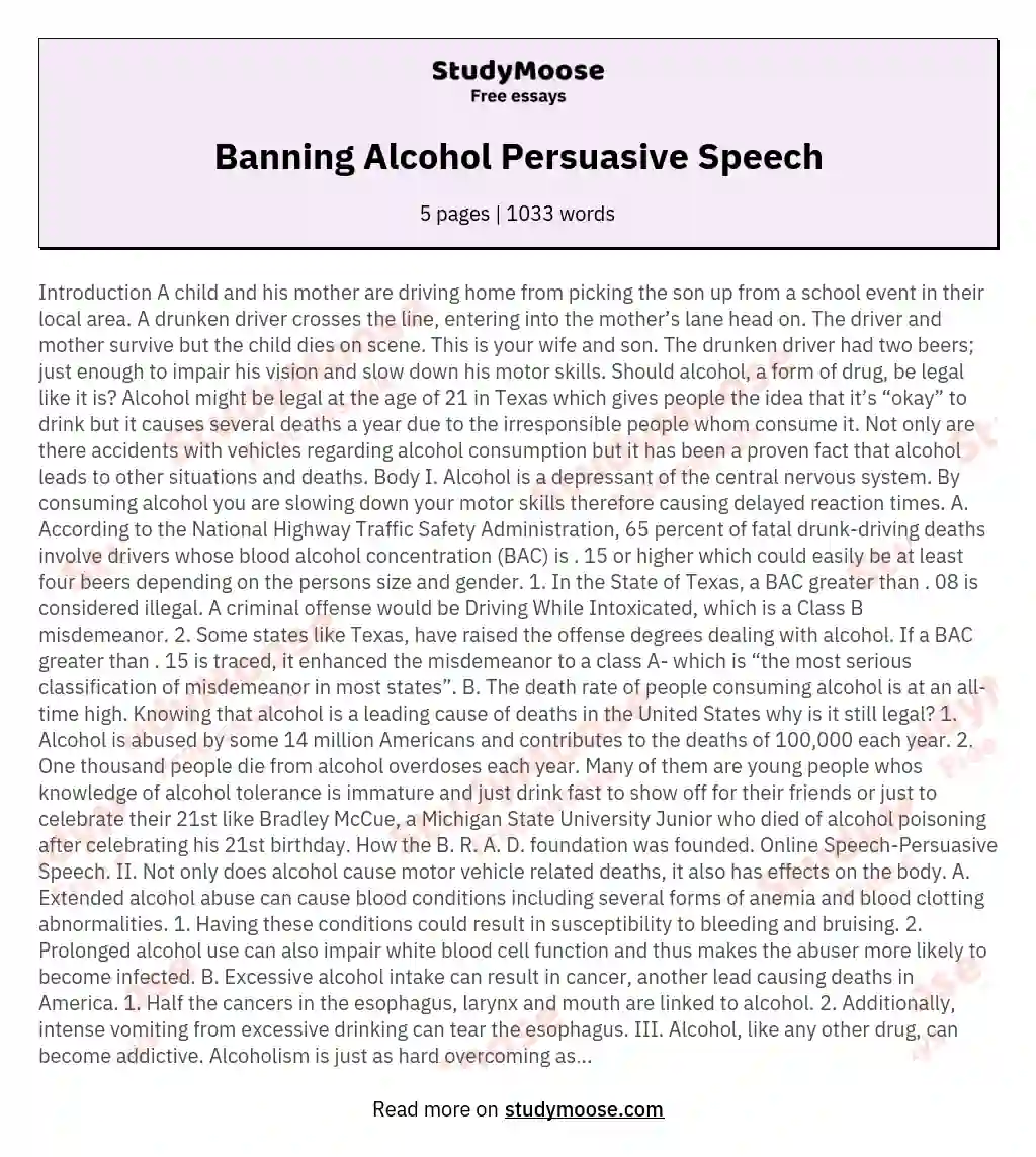 Banning Alcohol Persuasive Speech essay