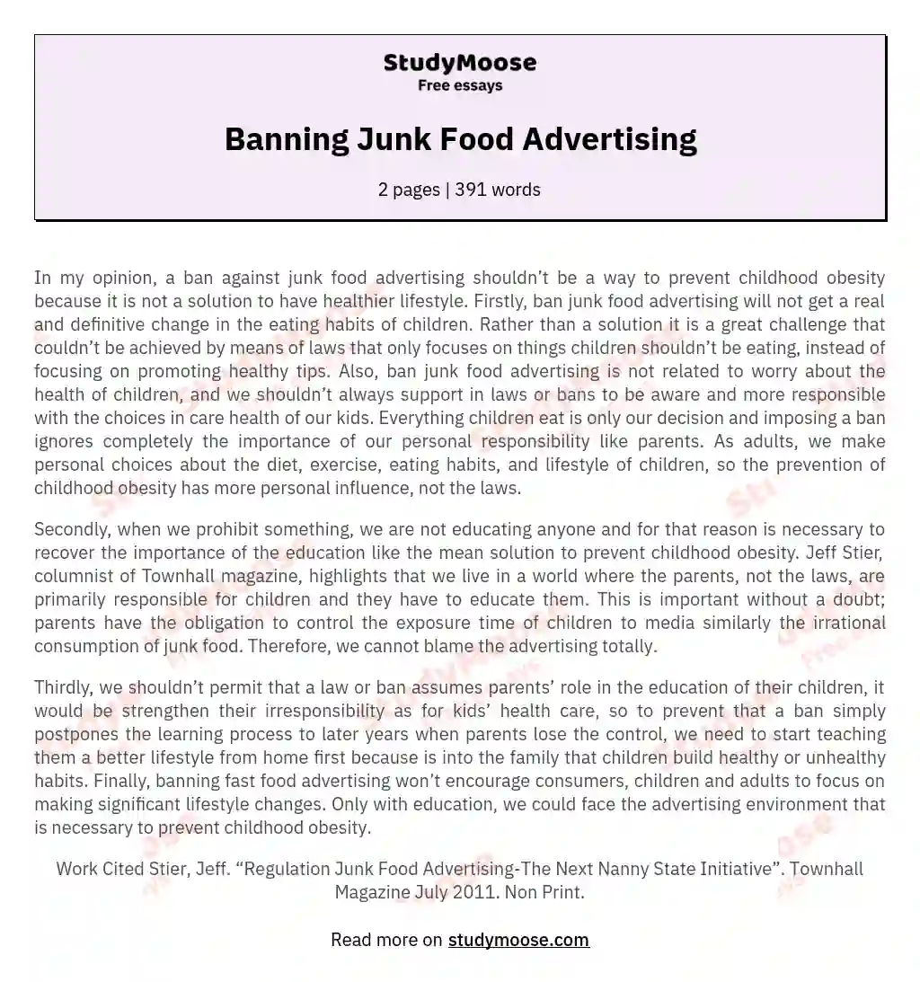  Junk Food Should Not Be Banned In Schools Should The Sale Of Junk 