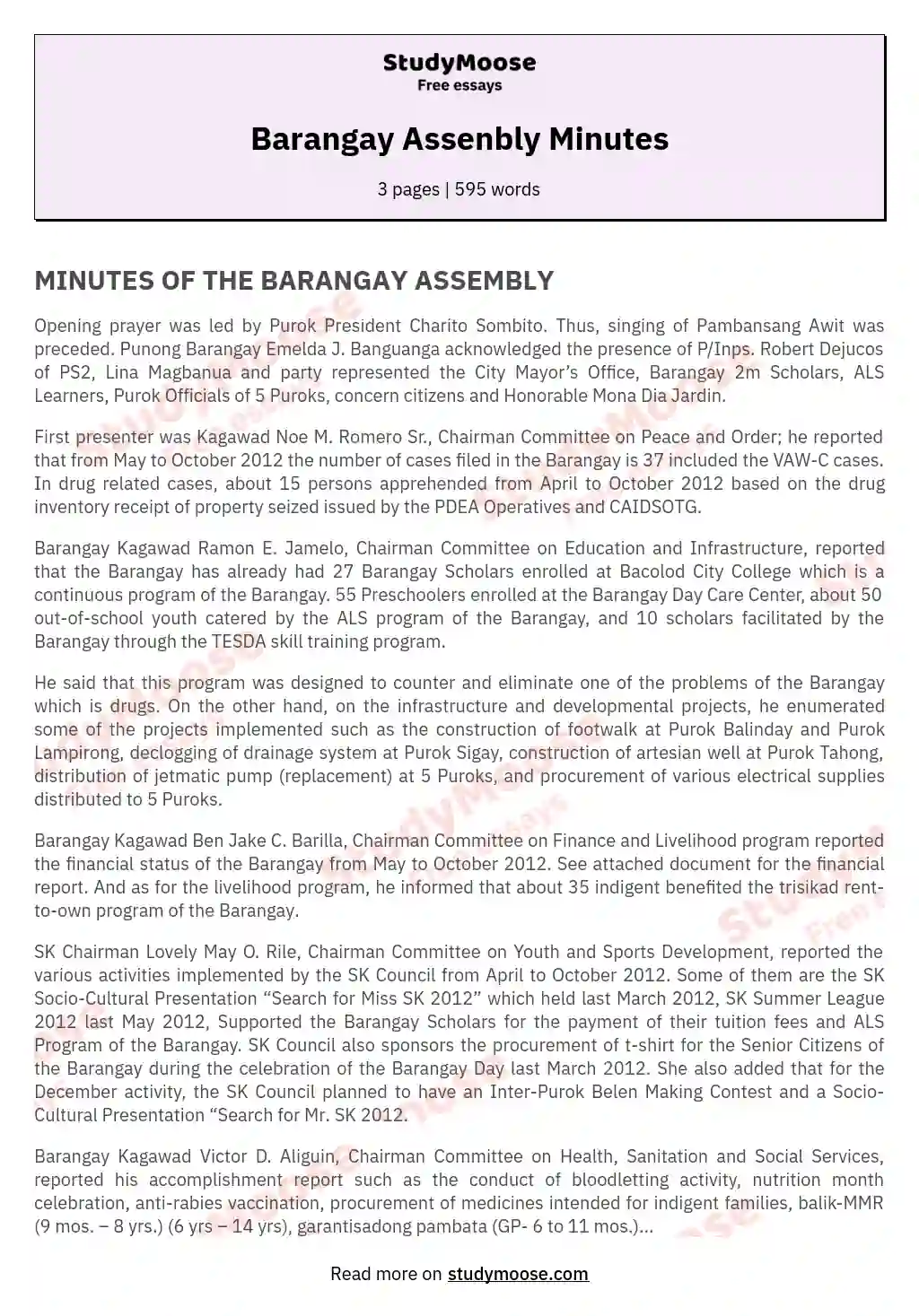 Barangay Assenbly Minutes essay
