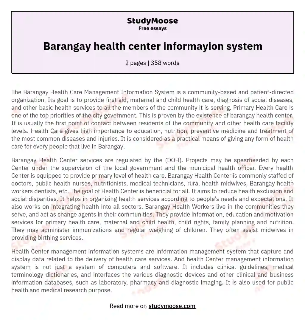 Barangay health center informayion system essay