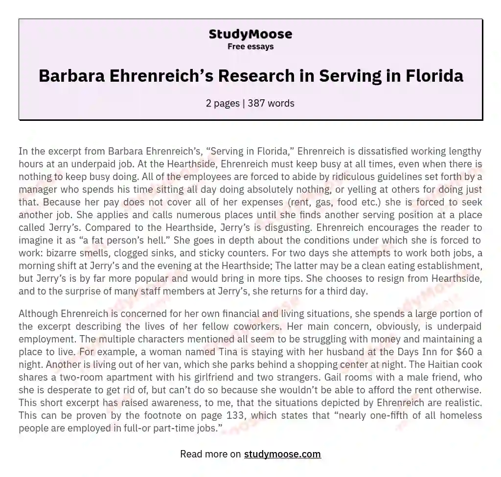 Barbara Ehrenreich’s Research in Serving in Florida