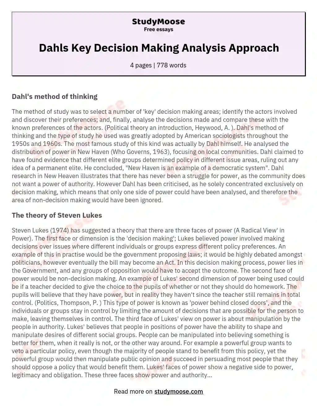 Dahls Key Decision Making Analysis Approach essay