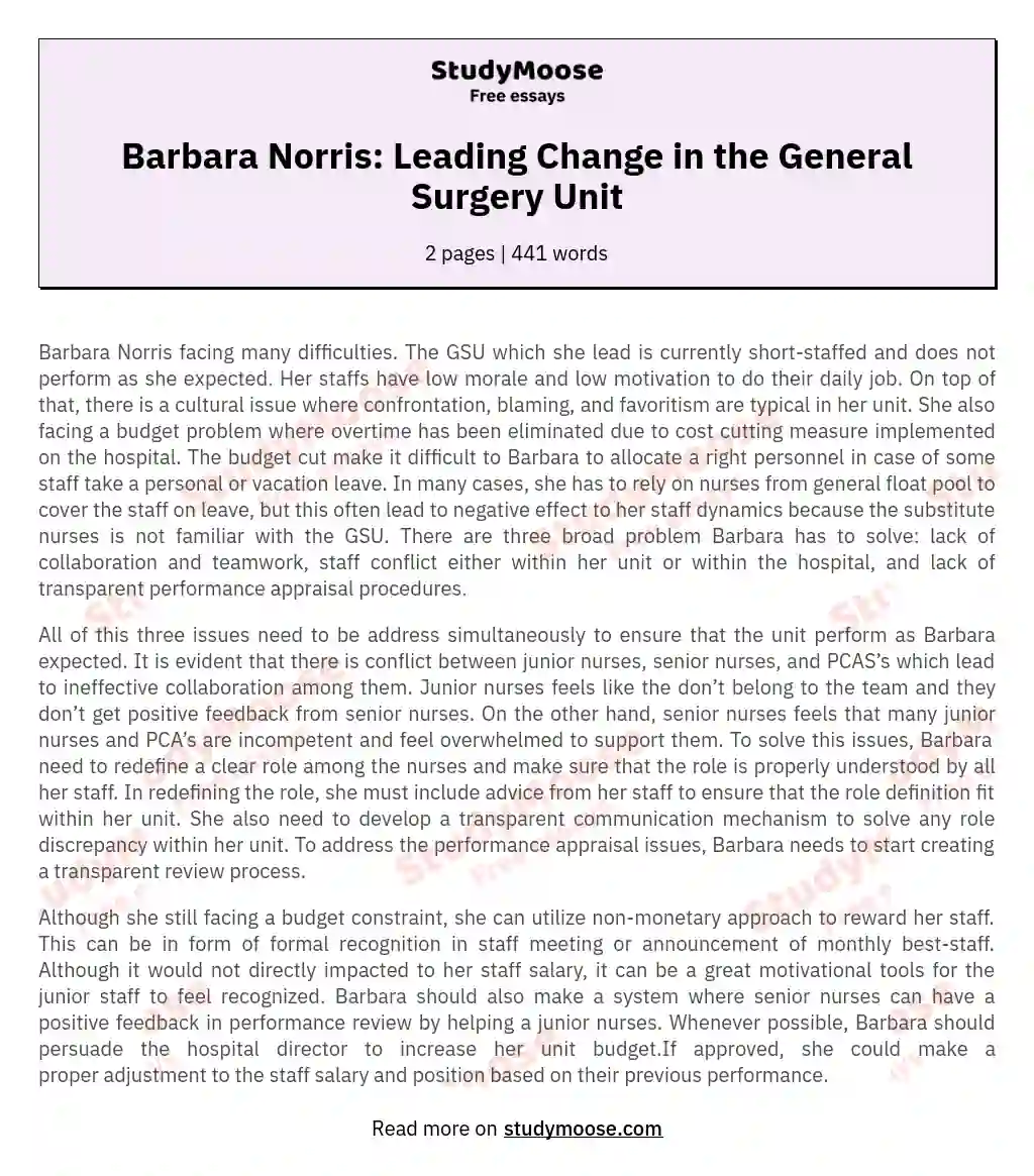 Barbara Norris: Leading Change in the General Surgery Unit essay