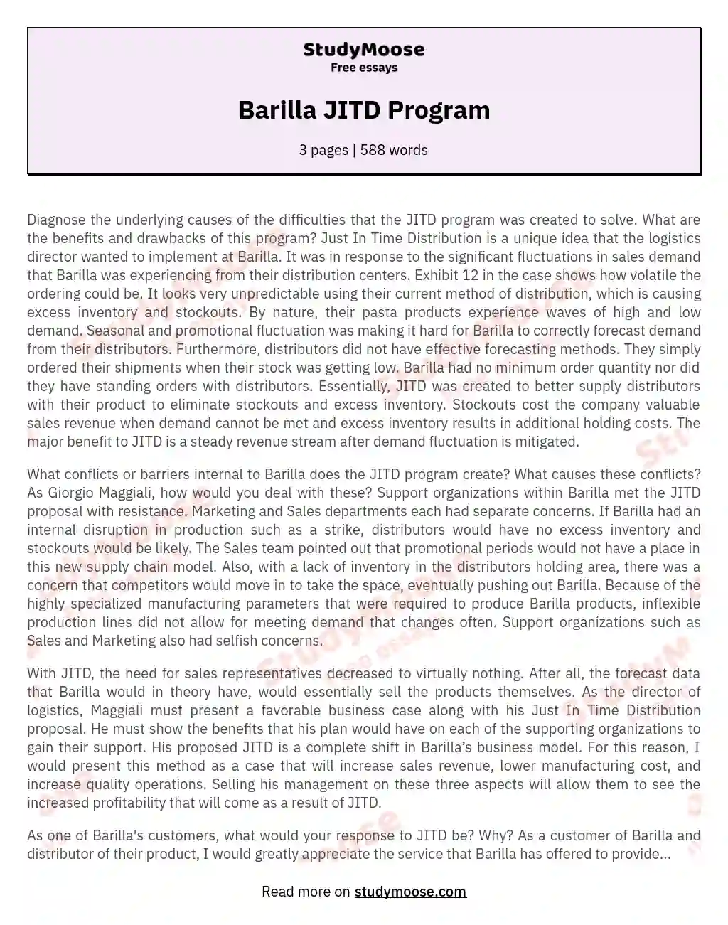 Barilla JITD Program essay