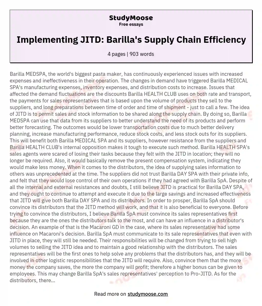 Implementing JITD: Barilla's Supply Chain Efficiency essay