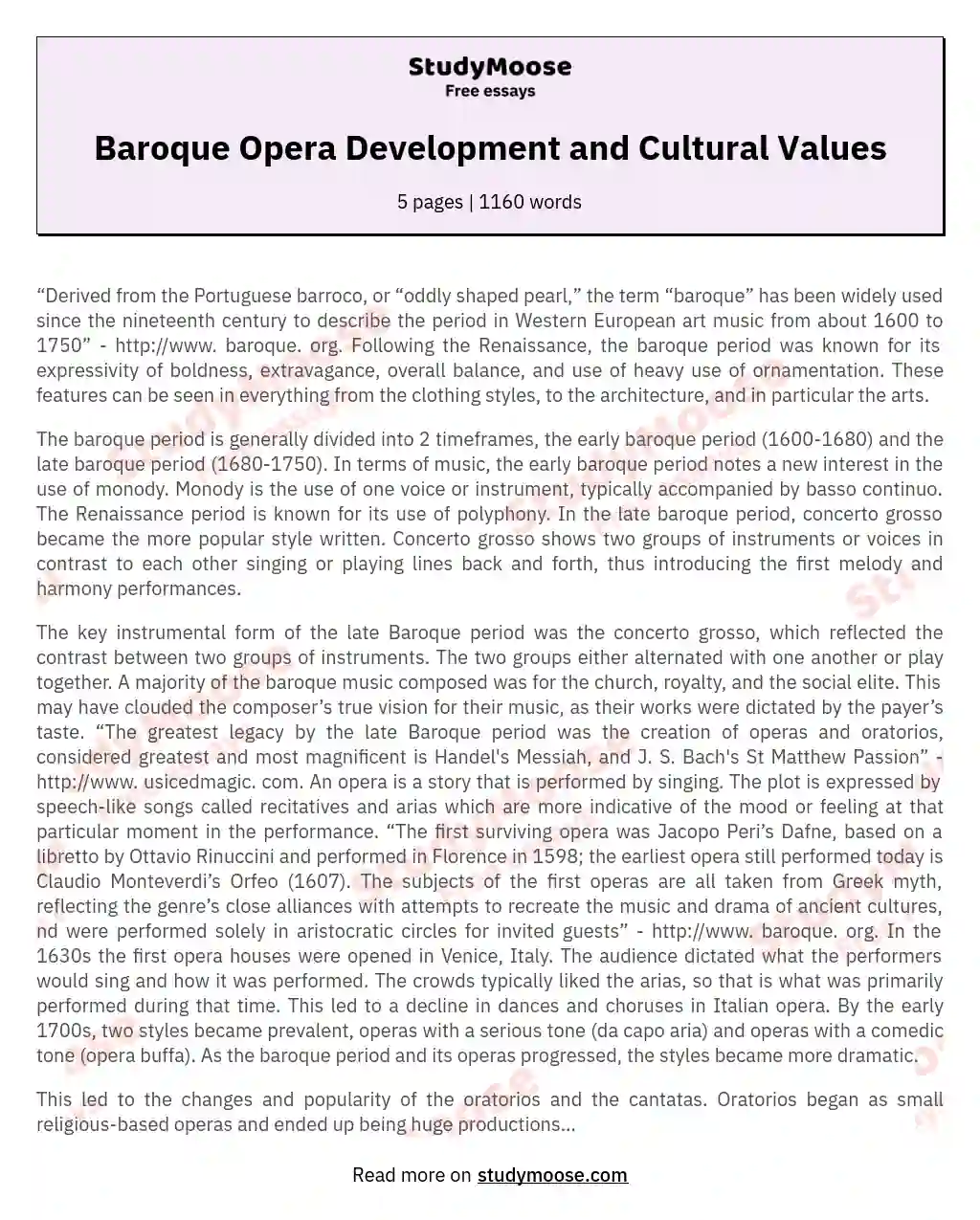 Baroque Opera Development and Cultural Values essay