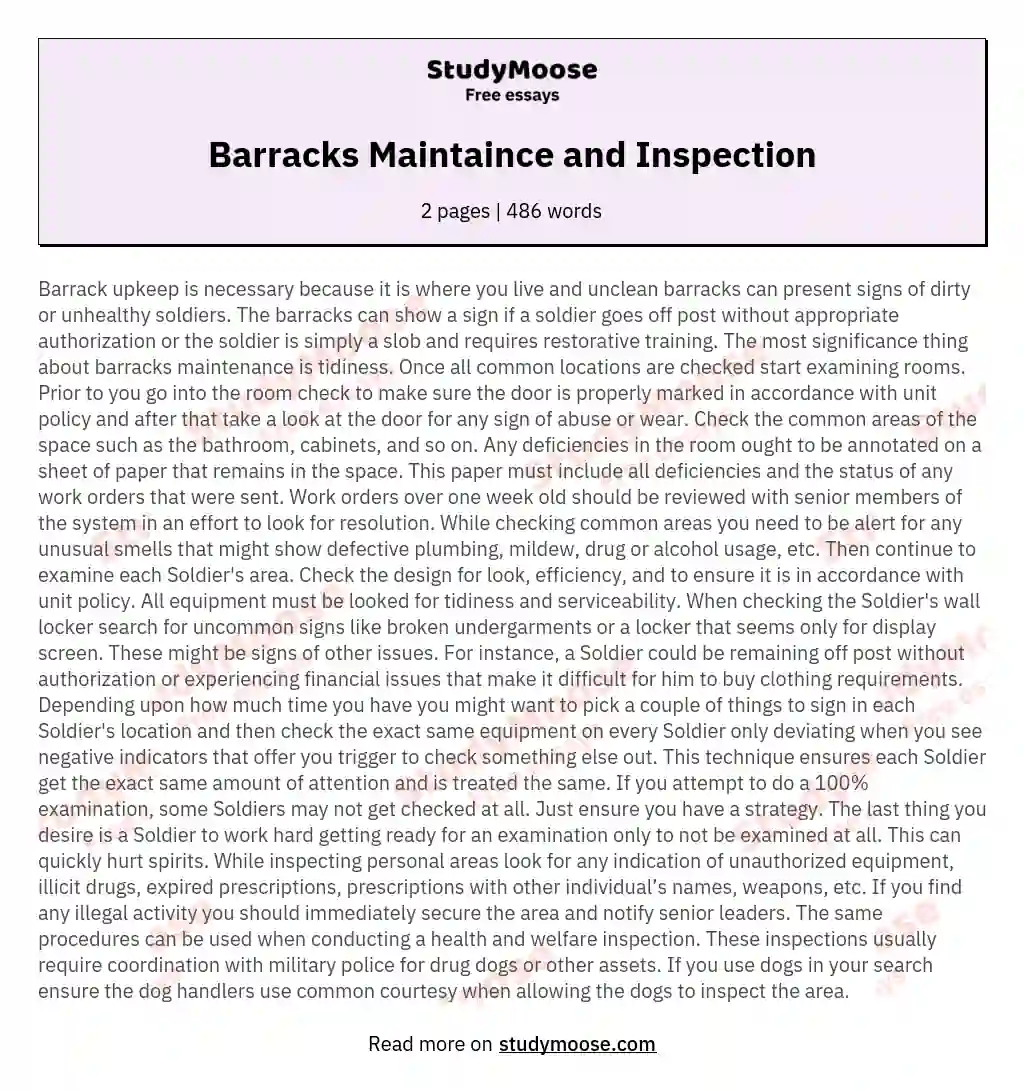 Barracks Maintaince and Inspection essay