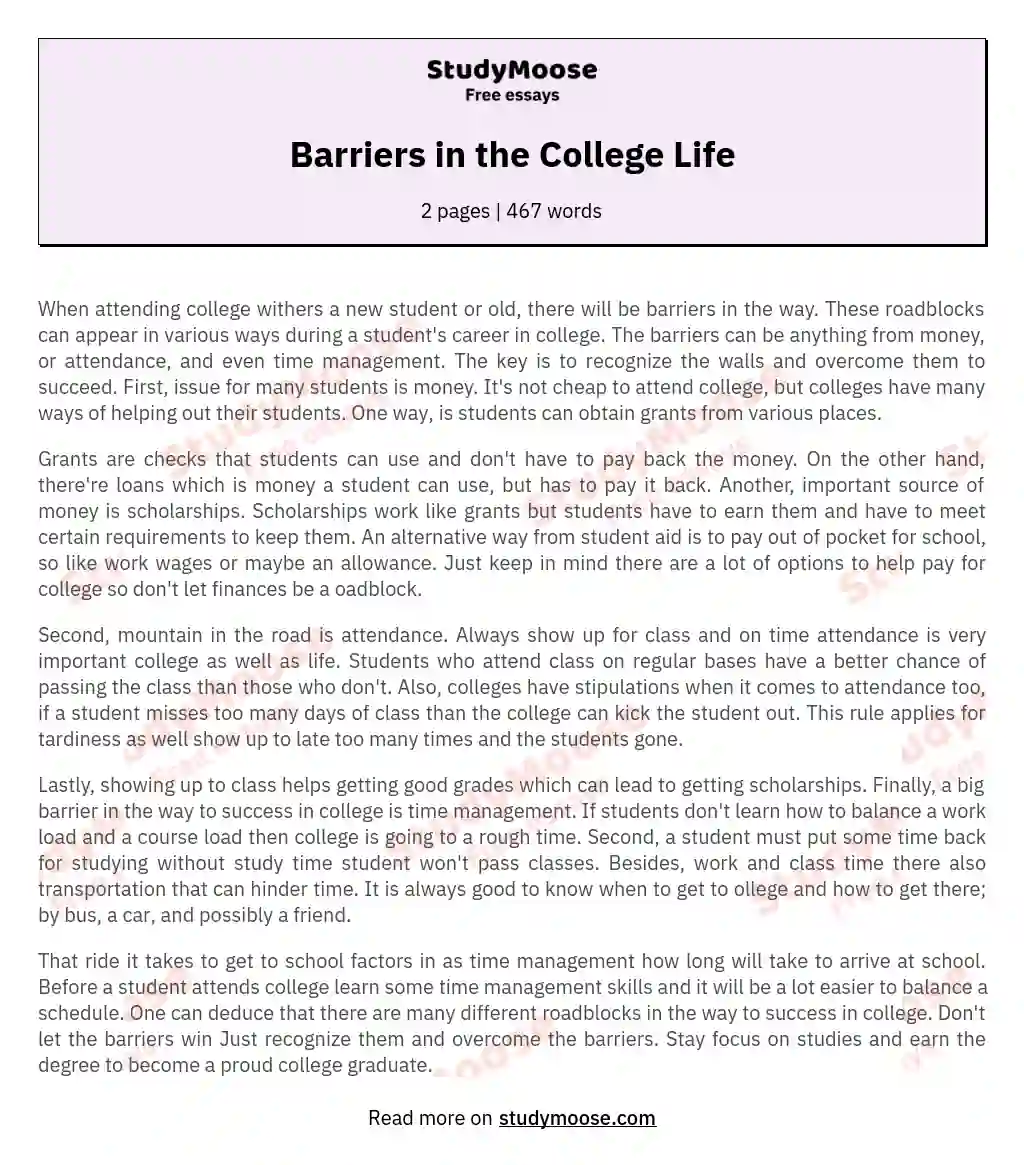Barriers in the College Life essay