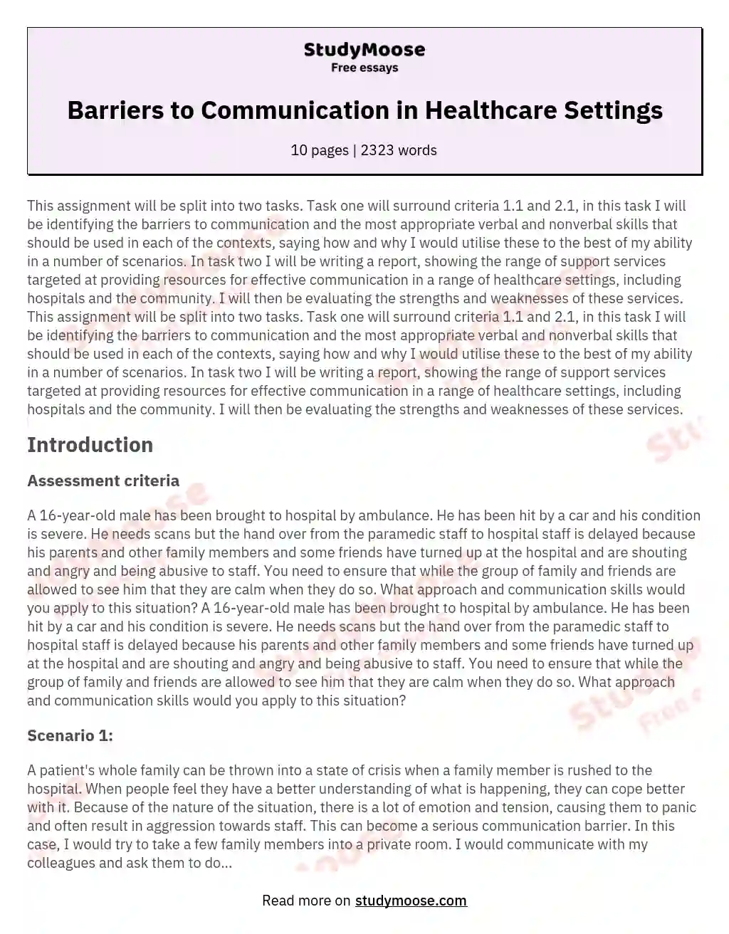 Barriers to Communication in Healthcare Settings essay