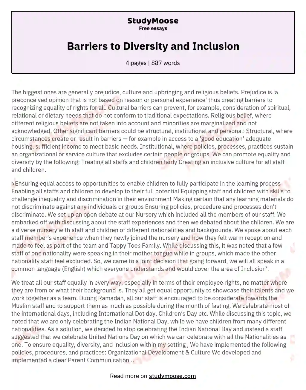 Barriers to Diversity and Inclusion essay