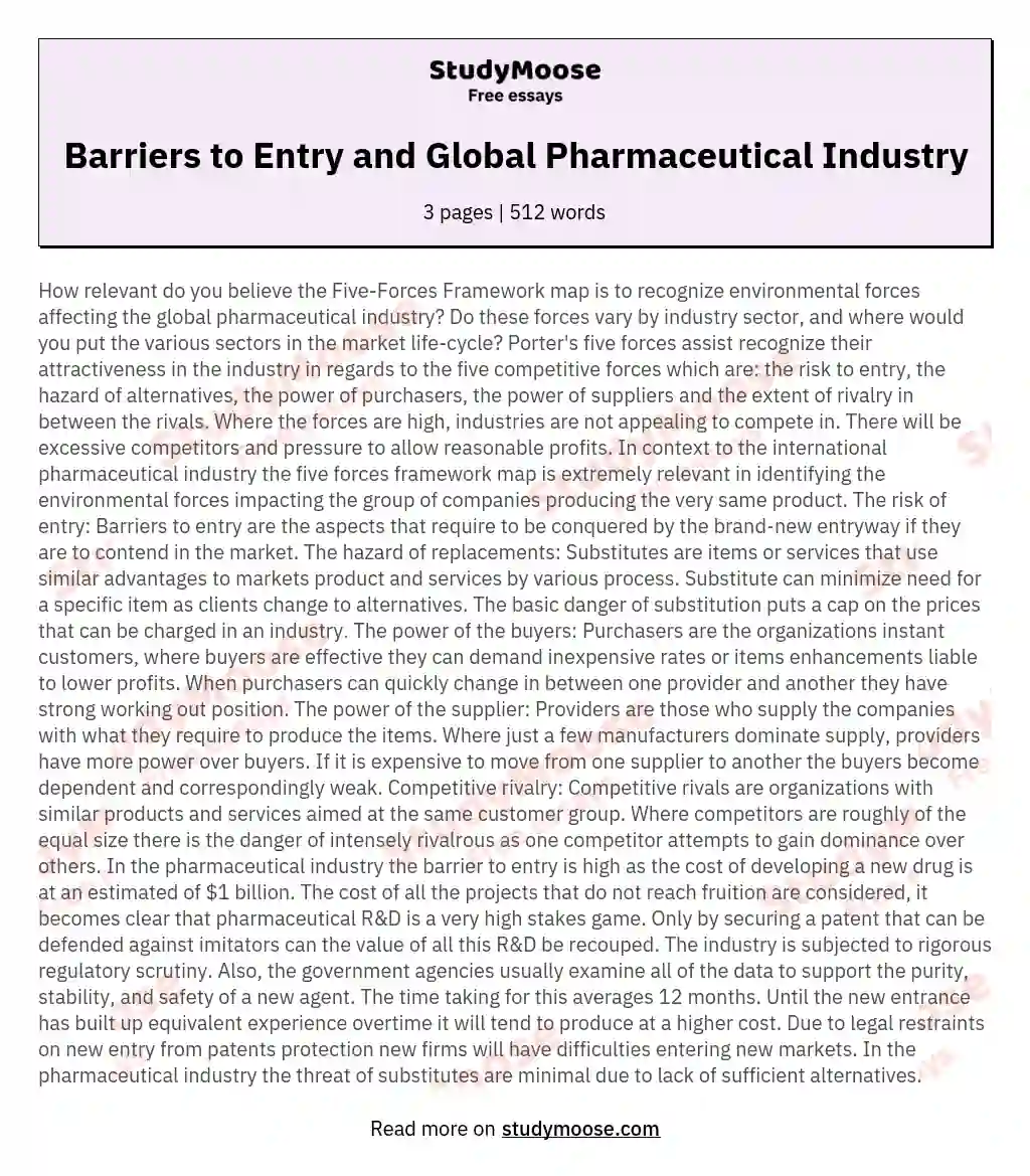 Barriers to Entry and Global Pharmaceutical Industry essay