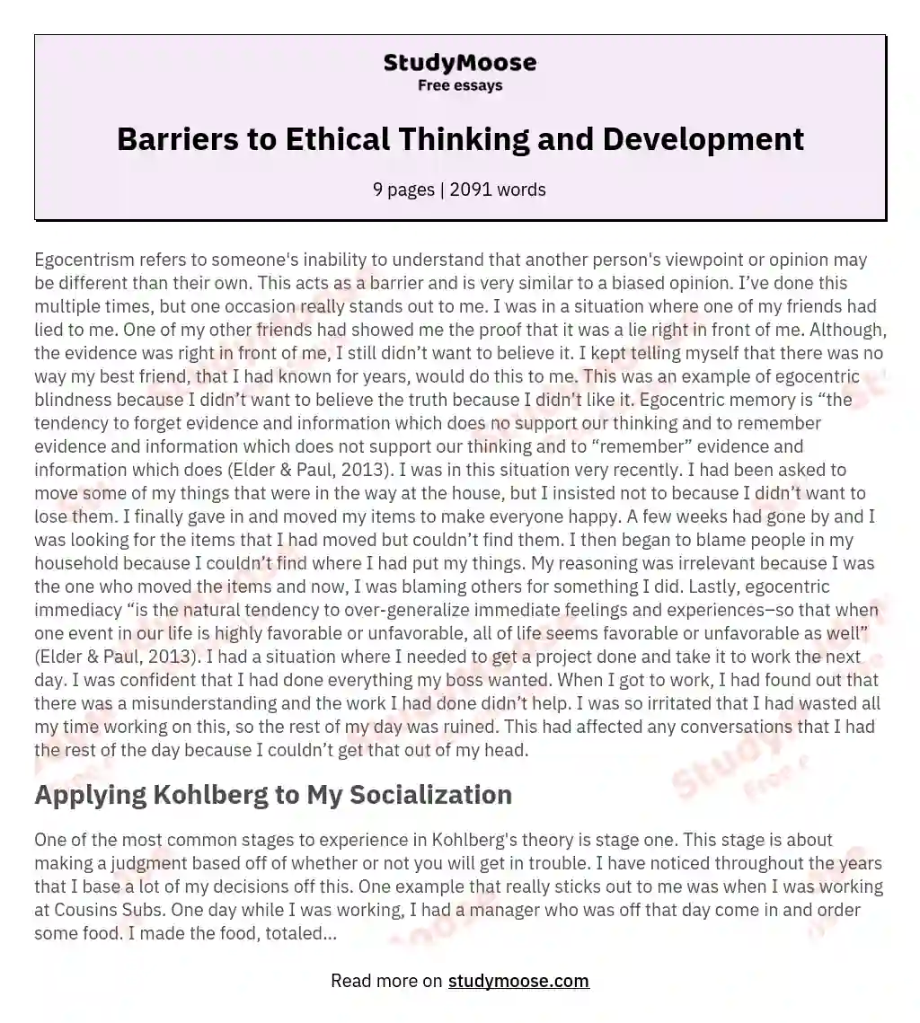 Barriers to Ethical Thinking and Development essay
