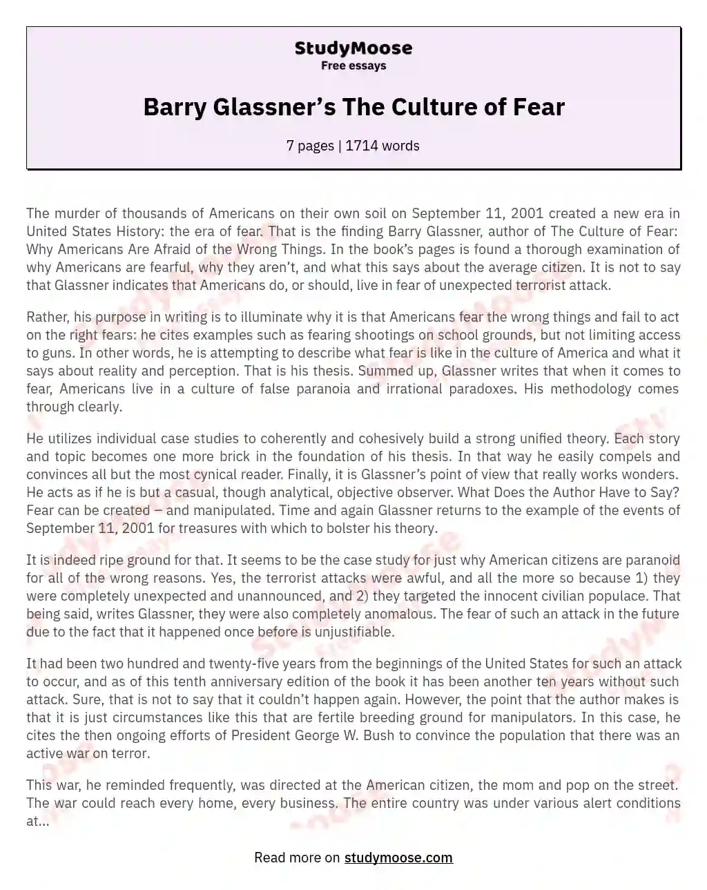 Barry Glassner’s The Culture of Fear essay