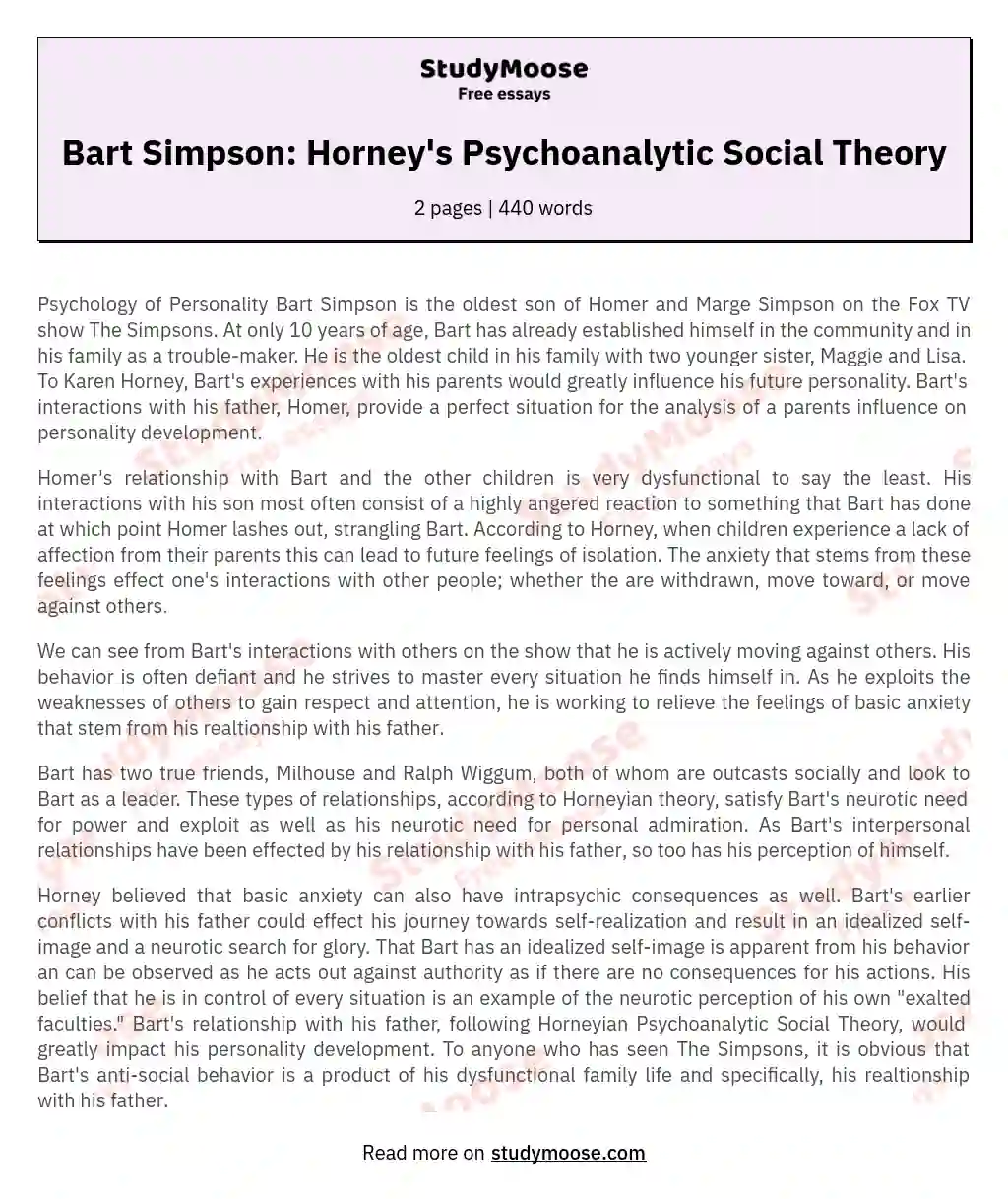 Bart Simpson: Horney's Psychoanalytic Social Theory essay