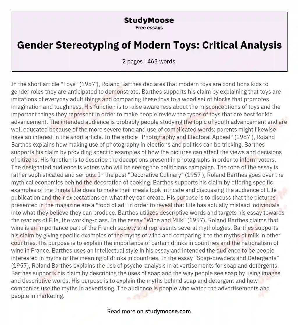Gender Stereotyping of Modern Toys: Critical Analysis essay