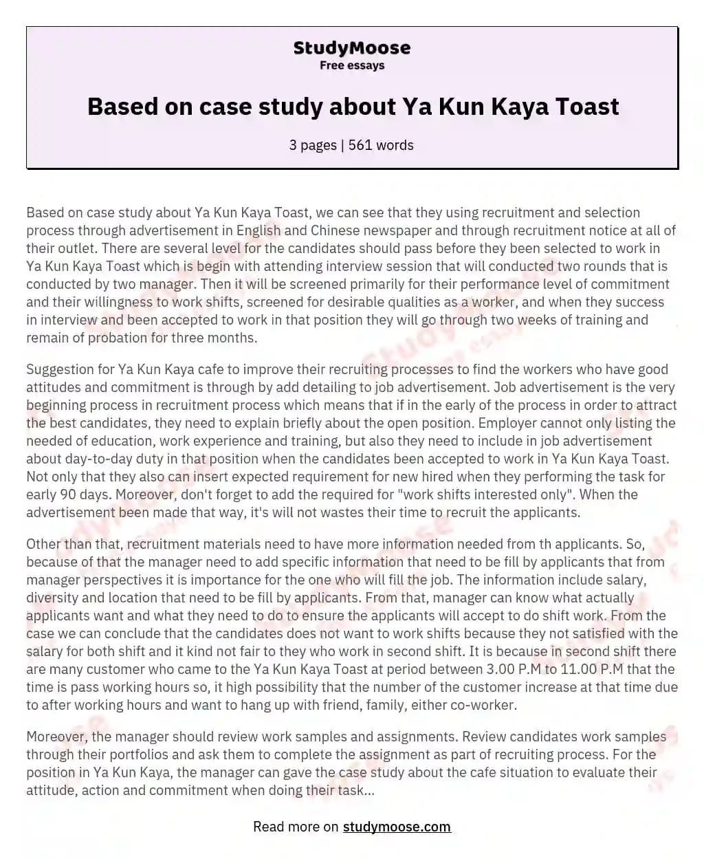 Based on case study about Ya Kun Kaya Toast essay