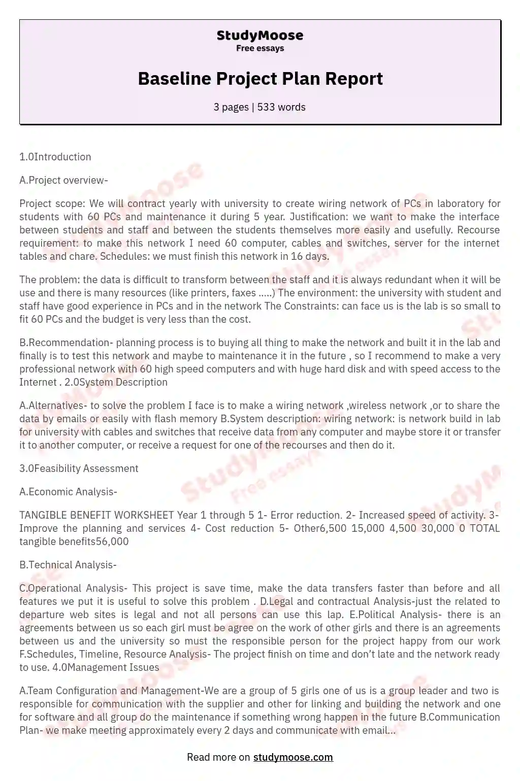 Baseline Project Plan Report Free Essay Example
