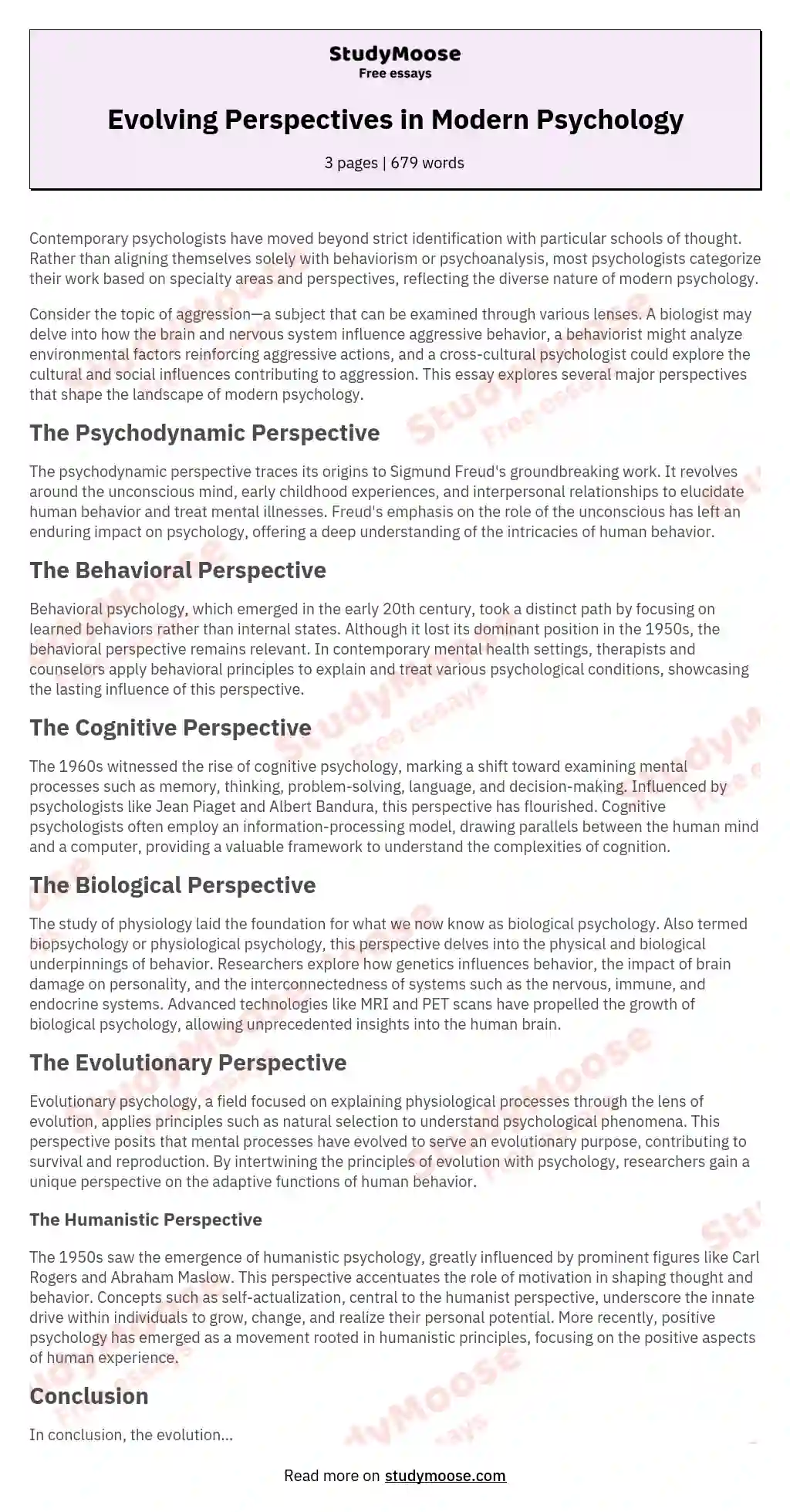 Evolving Perspectives in Modern Psychology essay