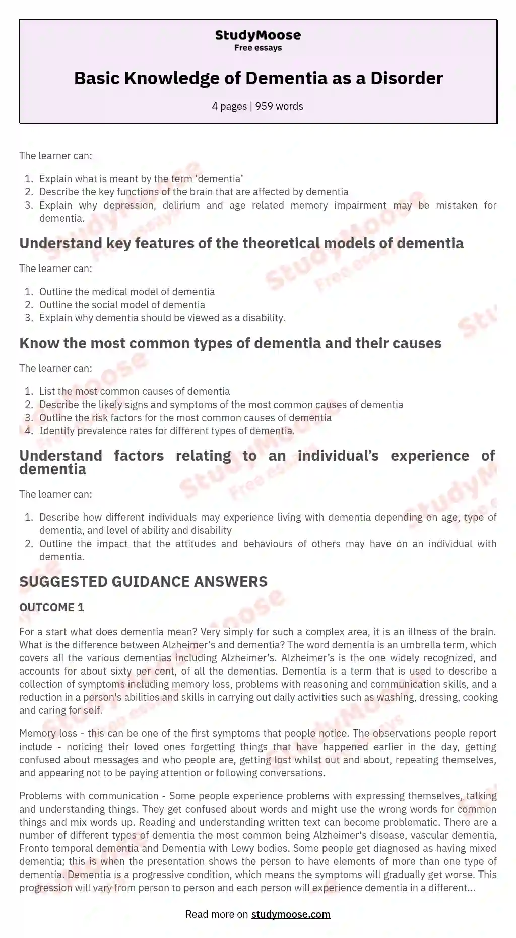 Basic Knowledge of Dementia as a Disorder essay