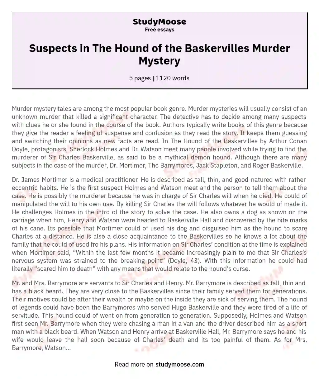 Suspects in The Hound of the Baskervilles Murder Mystery essay