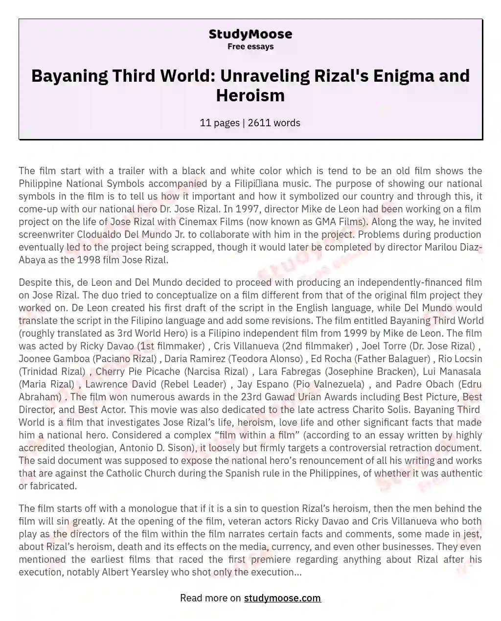 Bayaning Third World: Unraveling Rizal's Enigma and Heroism essay