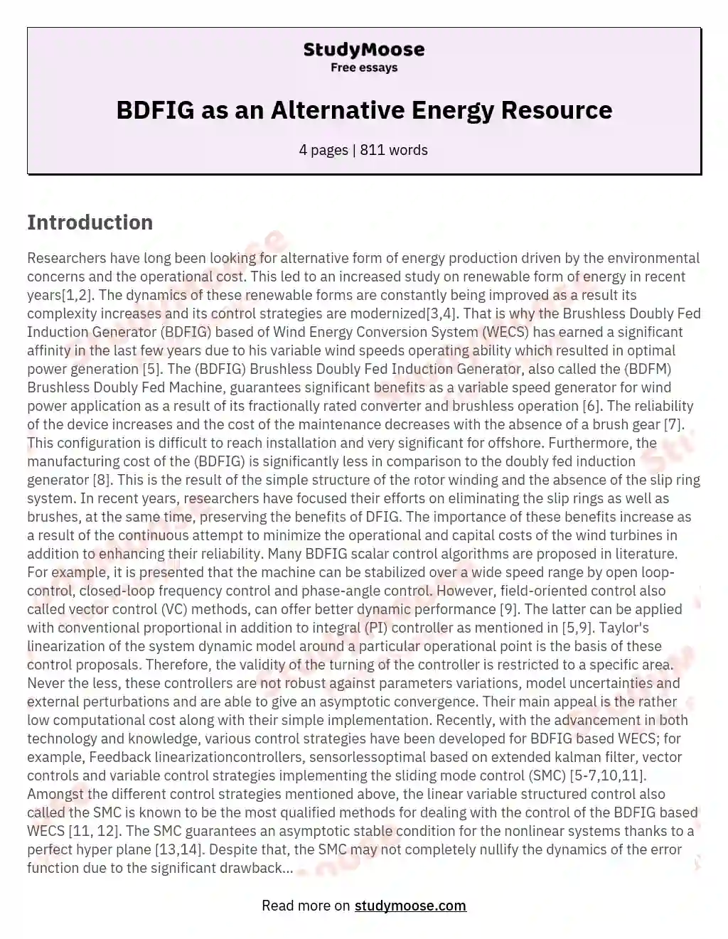 BDFIG as an Alternative Energy Resource essay